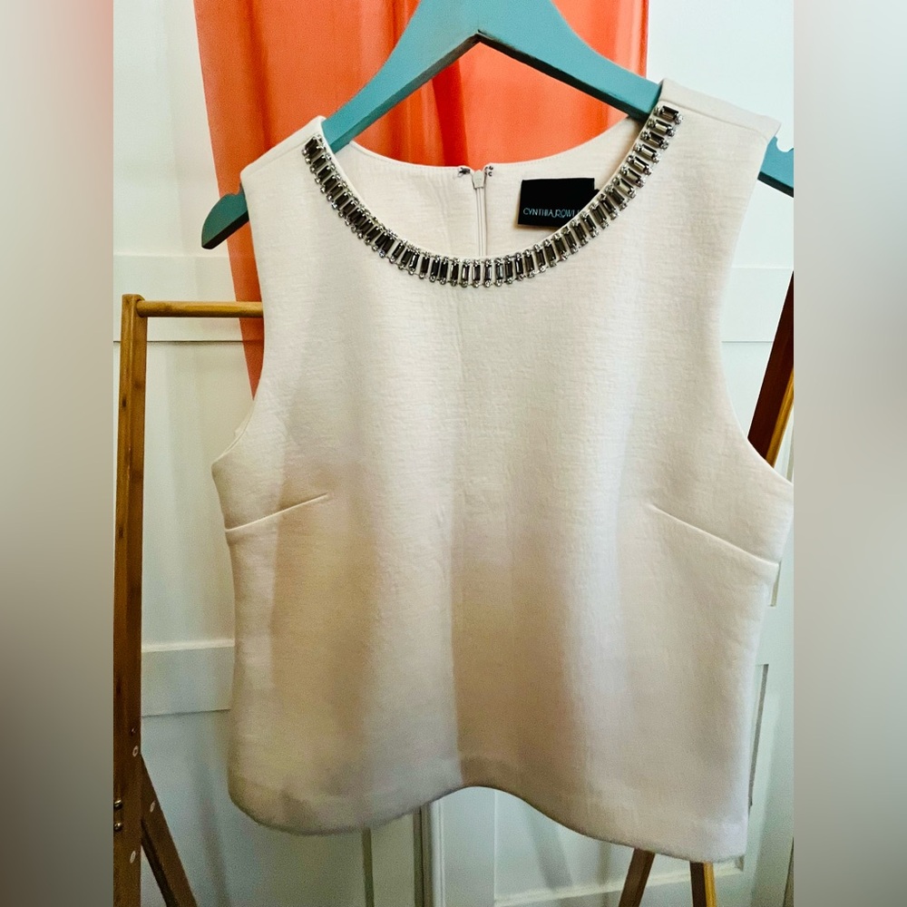 Cynthia Rowley Embellished Cream Sleeveless Blouse
